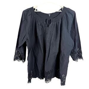 Ellos Women Black Eyelet Top Size 6X (42/44) Embroidered Ties 3/4 Length Sleeves